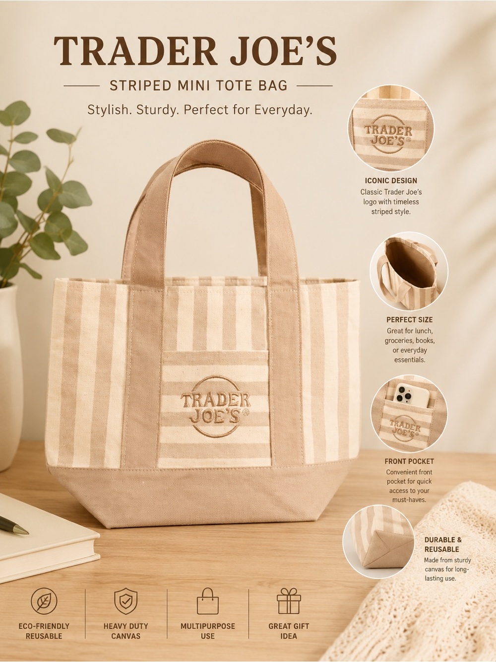 Trader Joe's Cream Stripe Mini Tote Bag